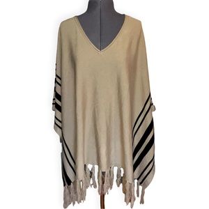 FOREVER 21 No Fuss Poncho Beige w/Black Stripes & Fringes